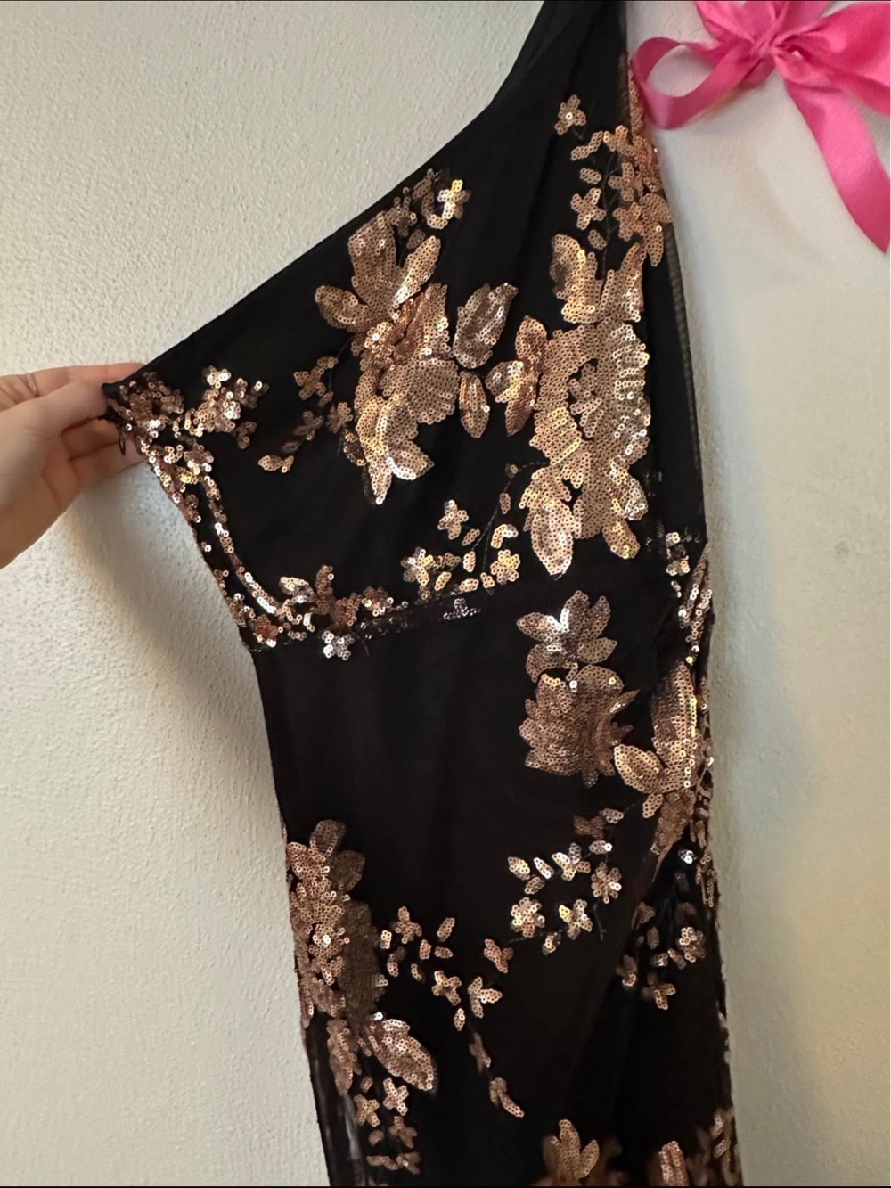 Black One-Shoulder Dress with Rose Gold Sequin Floral Appliqué